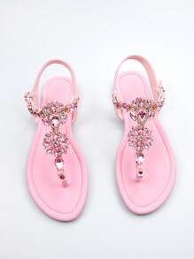 Women Rhinestone & Flower Decor Toe Post Flat Sandals, Glamorous Pink Lycra Thong Sandals For Summer Valentines,Flip Flops - Pink - View 5