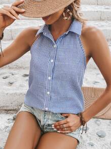 SHEIN VCAY 條紋印花前紐扣襯衫 - 藍白色 - 查看 1