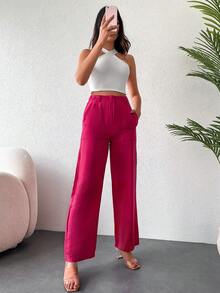 素色斜口袋直筒褲 - 玫紅色 - 查看 5