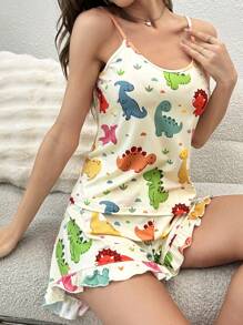 Conjunto de pijama con top de tirantes con estampado de dinosaurio y shorts con volantes en el bajo