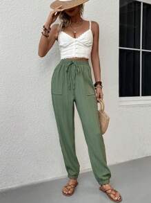 SHEIN LUNE 斜口袋前打結長褲 - 軍綠色 - 查看 3