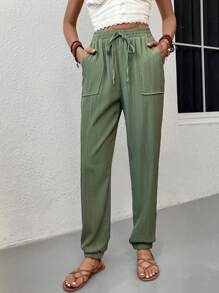 SHEIN LUNE 斜口袋前打結長褲 - 軍綠色 - 查看 5