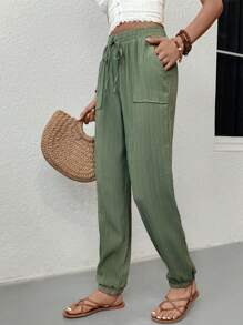 SHEIN LUNE 斜口袋前打結長褲 - 軍綠色 - 查看 6