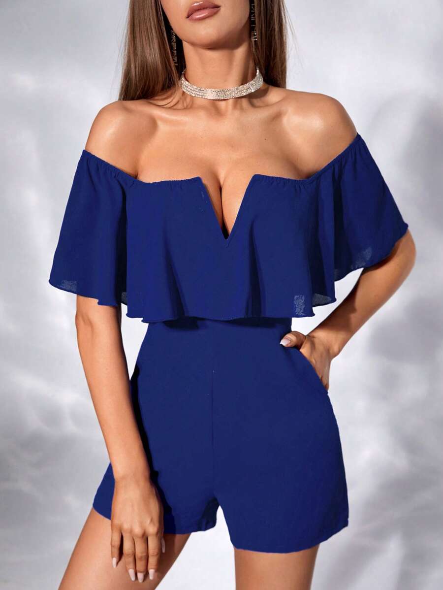 Allurite Off Shoulder Ruffle Trim Romper - Blue - View 1