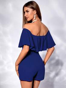 Allurite Off Shoulder Ruffle Trim Romper - Blue - View 2