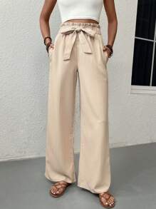 SHEIN LUNE 紙袋腰腰帶直筒褲 - 杏色 - 查看 1