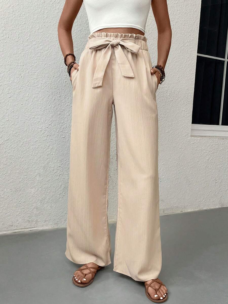 SHEIN LUNE 紙袋腰腰帶直筒褲 - 杏色 - 查看 1