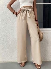 SHEIN LUNE 紙袋腰腰帶直筒褲 - 杏色 - 查看 3