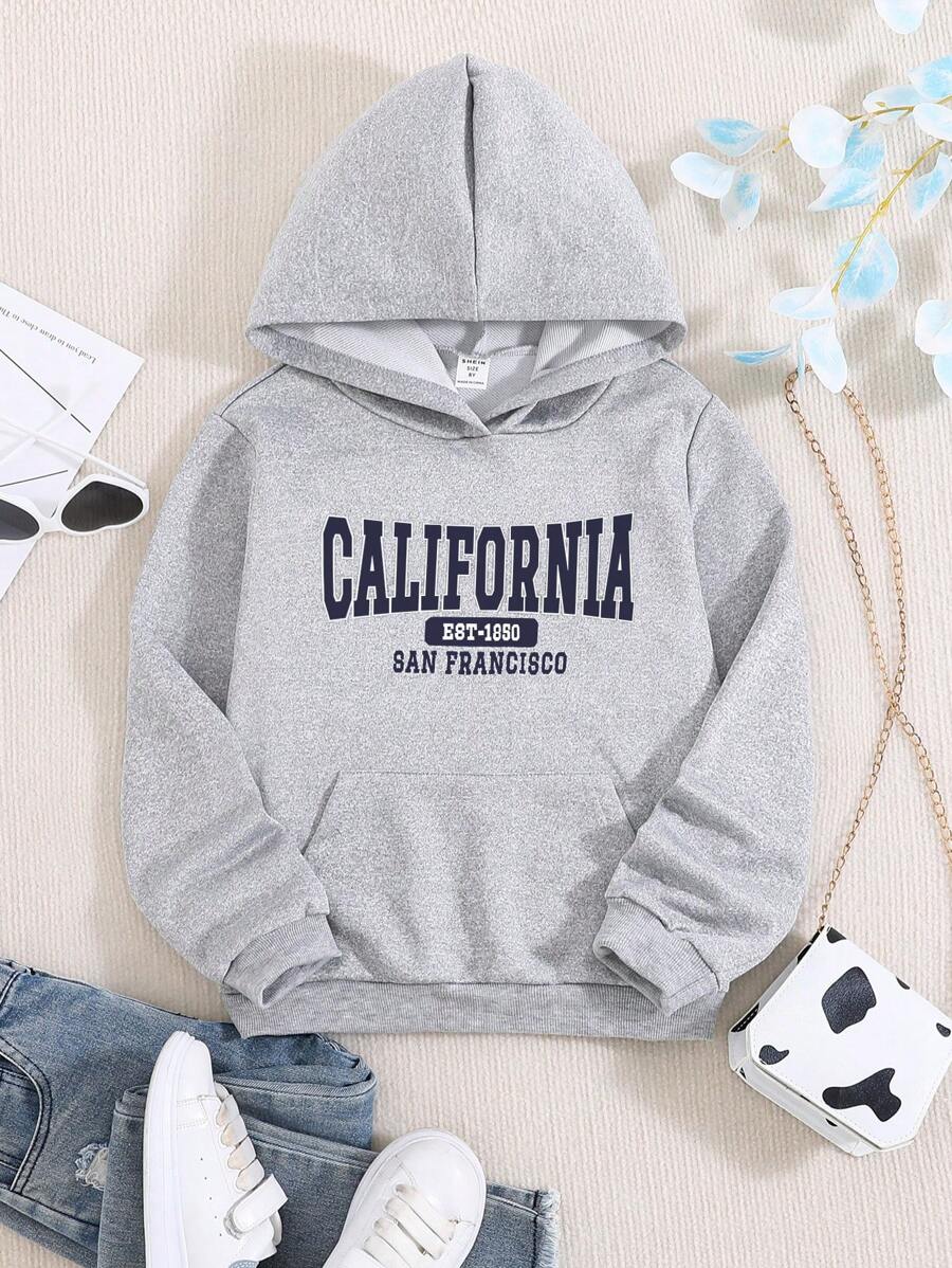 適合青少女穿著的字母圖案袋鼠口袋連帽衛衣