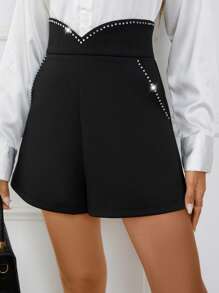 SHEIN Clasi Rhinestone Detail Wide Leg Shorts - Black - View 3
