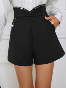 SHEIN Clasi Rhinestone Detail Wide Leg Shorts - Black - View 6
