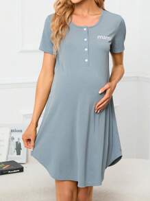 Moonlight&Mama Maternity Letter Graphic Lounge Dress For Mother - Dusty Blue - View 4