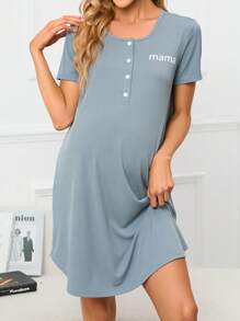 Moonlight&Mama Maternity Letter Graphic Lounge Dress For Mother - Dusty Blue - View 6