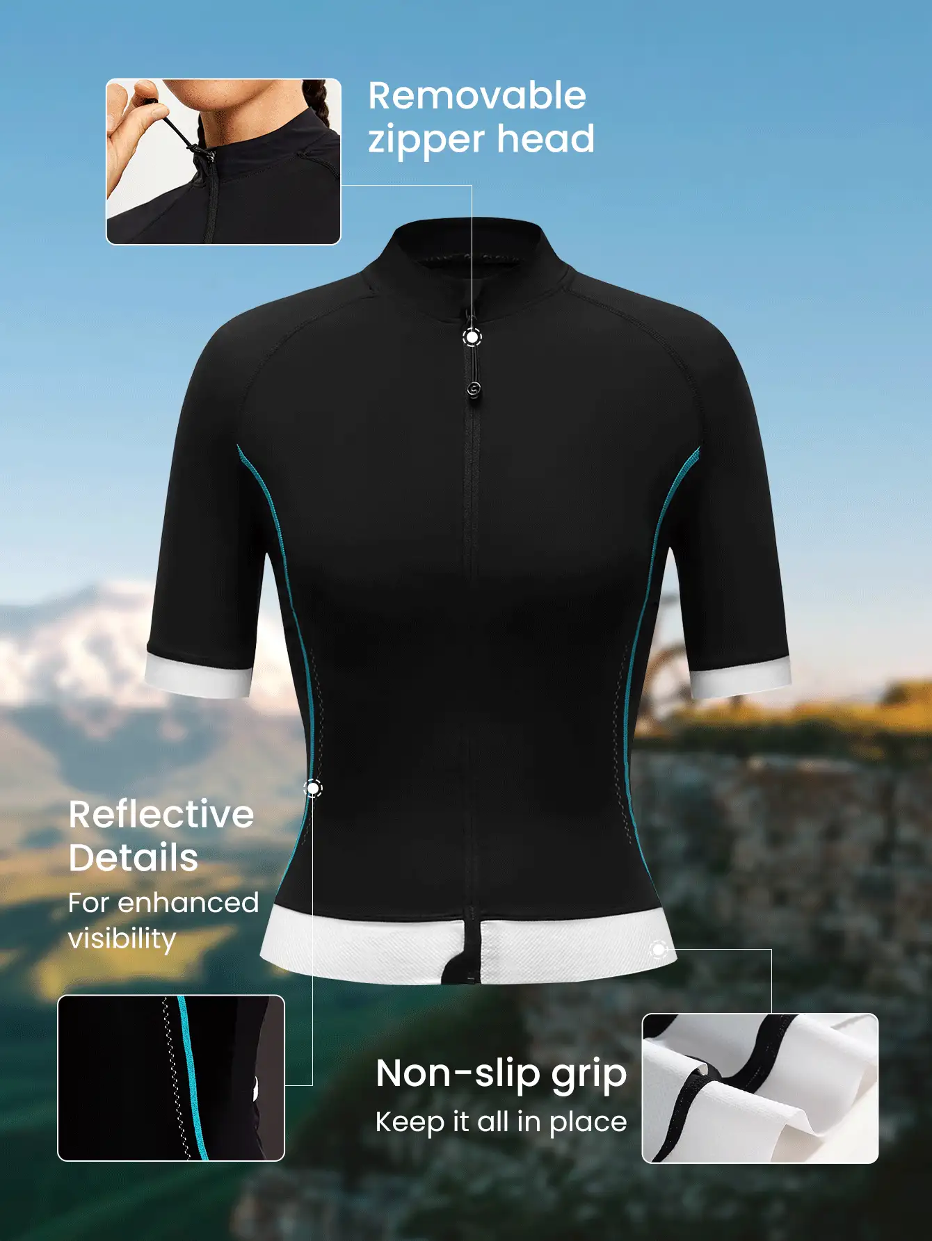 GLOWMODE 女性拉鍊自行車運動衫短袖自行車騎行上衣健身夾克4個後置口袋 - 黑色 - 查看 2