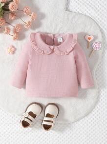 SHEIN 女宝宝秋冬基本款舒适彼得潘领粉色荷叶边领上衣 - 粉色 - 查看 1