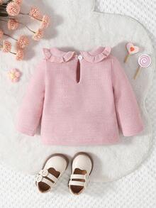 SHEIN 女宝宝秋冬基本款舒适彼得潘领粉色荷叶边领上衣 - 粉色 - 查看 2