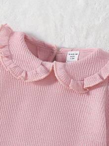 SHEIN 女宝宝秋冬基本款舒适彼得潘领粉色荷叶边领上衣 - 粉色 - 查看 3