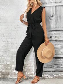 SHEIN LUNE 蕾絲拼接荷葉邊腰帶連身褲 - 黑色 - 查看 4