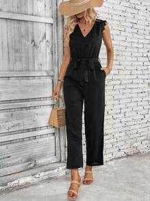 SHEIN LUNE 蕾絲拼接荷葉邊腰帶連身褲 - 黑色 - 查看 6