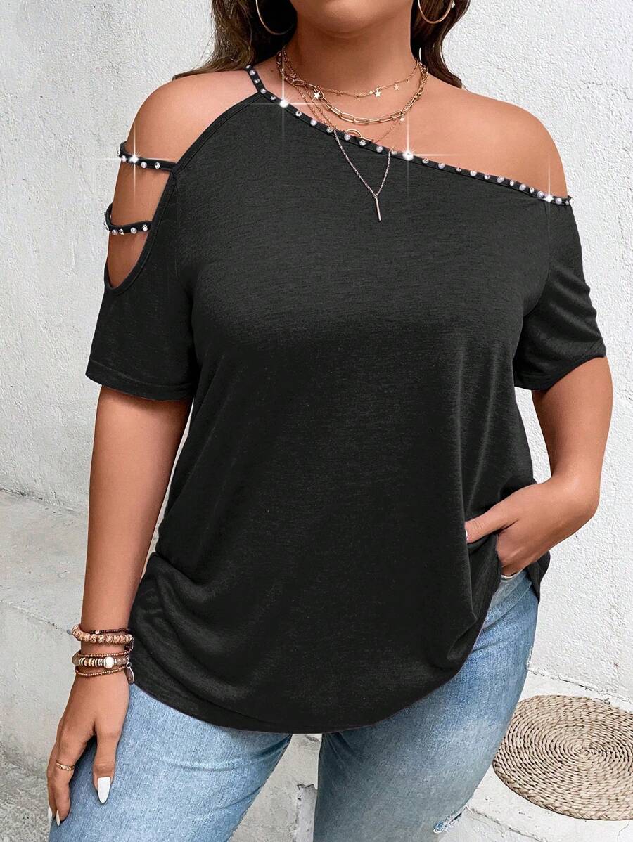 Calvaya Plus Pearls Beaded Cut Out Asymmetrical Neck Tee - Black - View 1