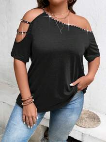 Calvaya Plus Pearls Beaded Cut Out Asymmetrical Neck Tee - Black - View 5