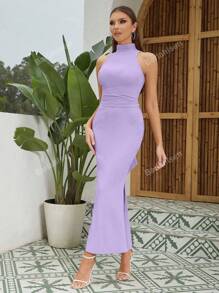 Mock Neck Ruched Waist Mermaid Hem Dress
