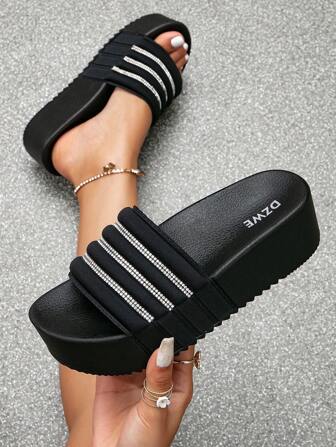 Femme À Bande Unique Avec Strass Sandales Compensées , Glamour Extérieur Sandales Compensées