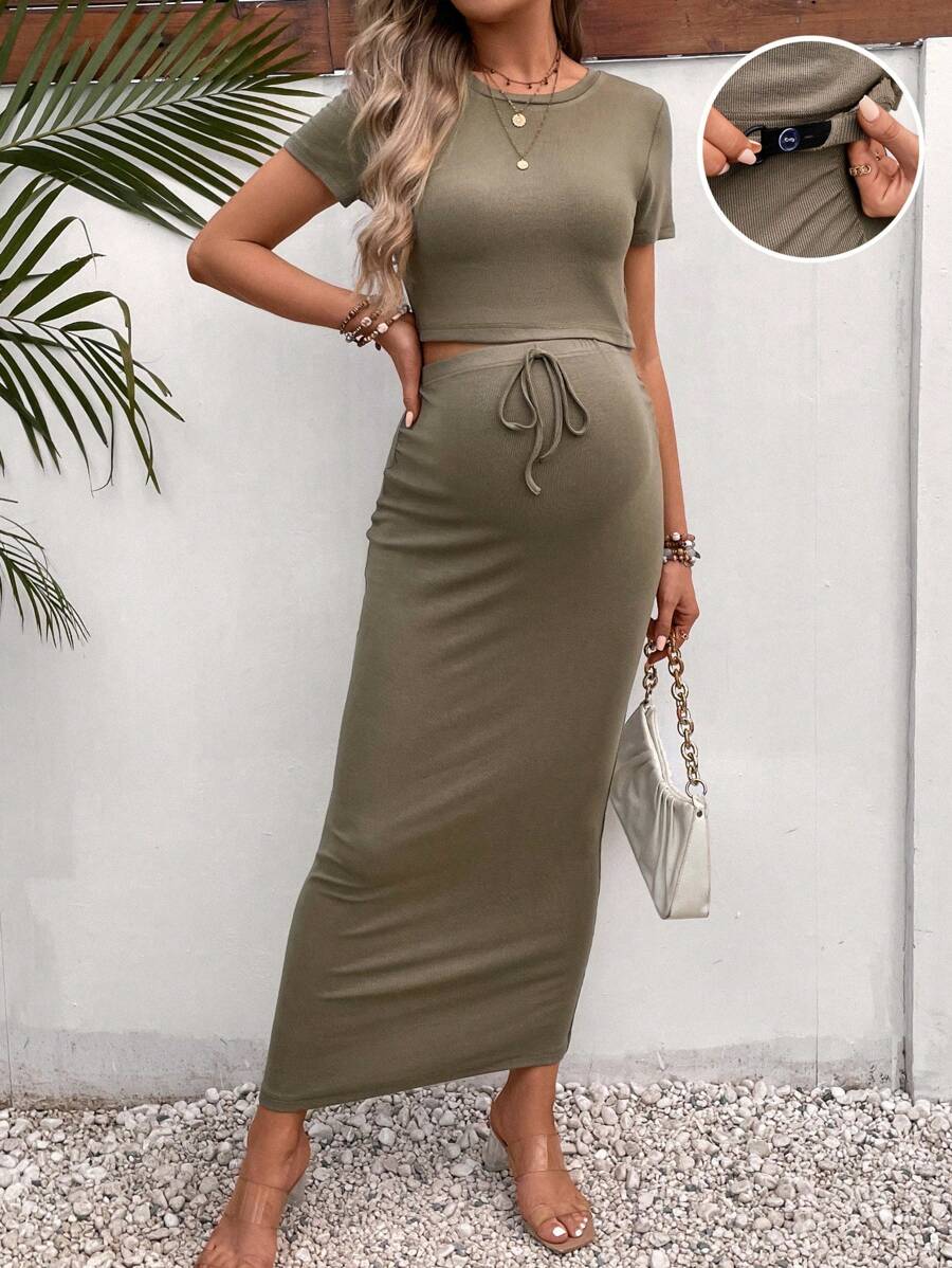 SHEIN Maternity Solid Crop Tee & Knot Front Skirt - Army Green - View 1