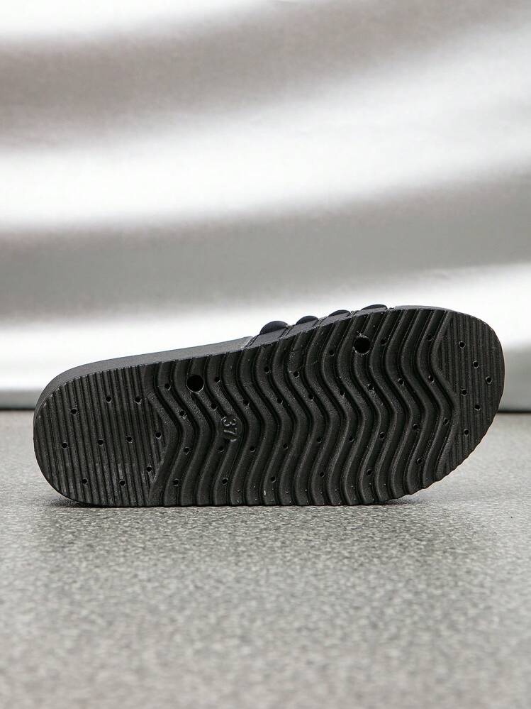 Women Single Band Rhinestone Decor Flatform Sandals, Glamorous Outdoor Wedge Slide Sandals,Spring Summer Outfits - Black - View 6