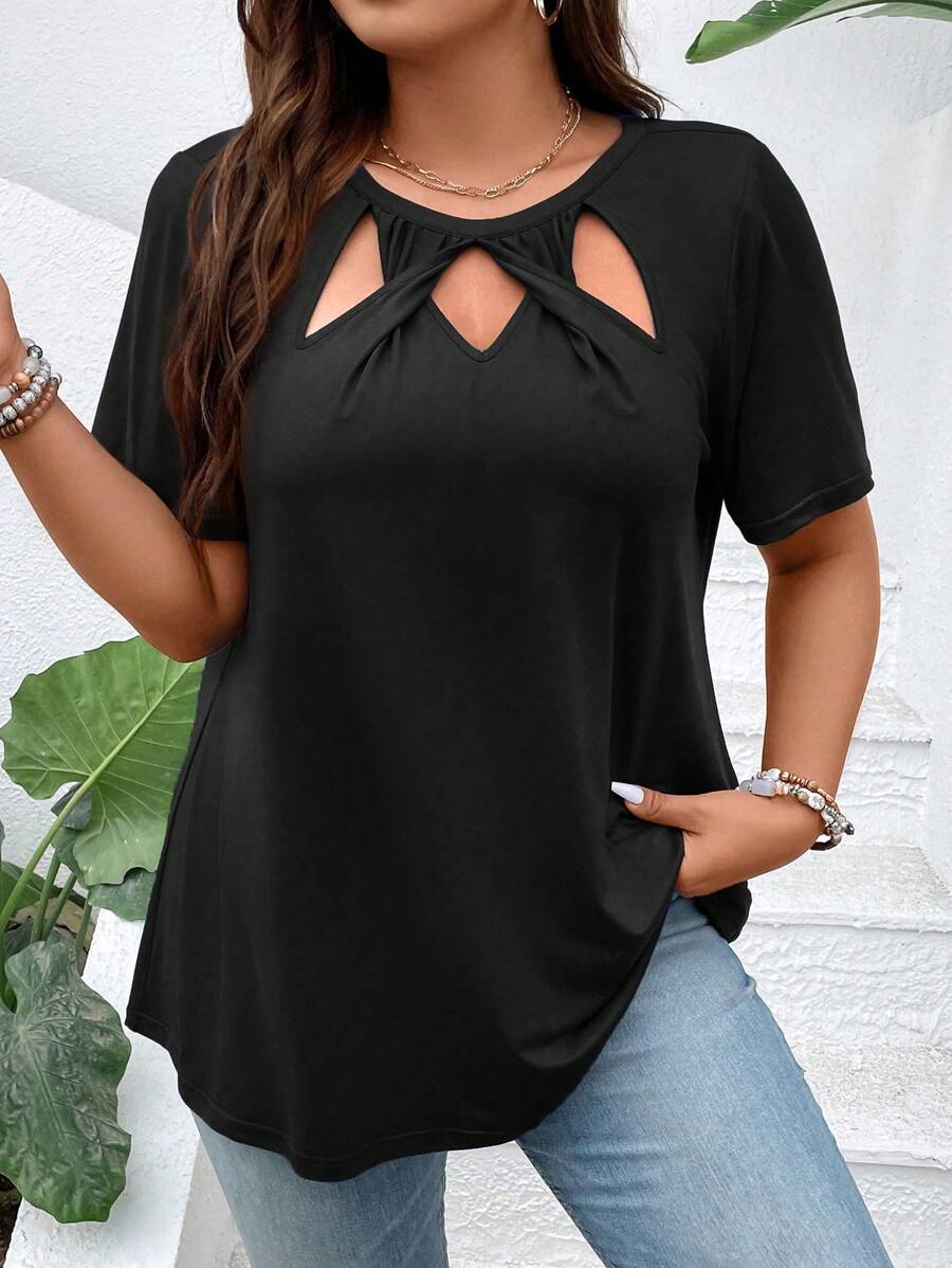 SHEIN LUNE 大碼前鏤空T恤 - 黑色 - 查看 1