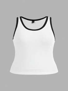 SHEIN BASICS 大碼撞色滾邊背心上衣 - 白色 - 查看 6
