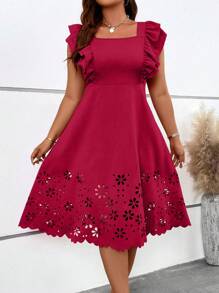 SHEIN Clasi 大碼鏤空荷葉邊連衣裙 - 酒紅色 - 查看 3