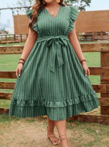 SHEIN Clasi Plus Striped Print Ruffle Trim Belted Dress - Green - View 1