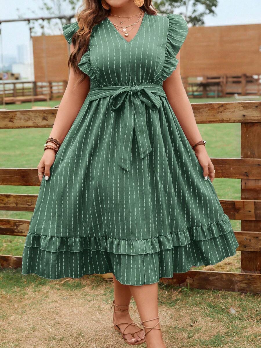 SHEIN Clasi Plus Striped Print Ruffle Trim Belted Dress - Green - View 1