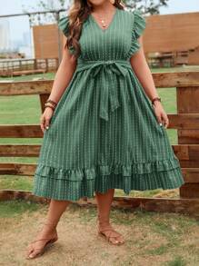 SHEIN Clasi Plus Striped Print Ruffle Trim Belted Dress - Green - View 3