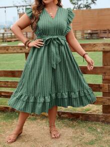 SHEIN Clasi Plus Striped Print Ruffle Trim Belted Dress - Green - View 5
