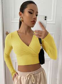 Muchica Surplice Neck Rib-knit Crop Tee - Yellow - View 1