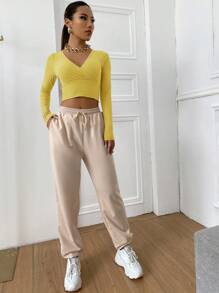 Muchica Surplice Neck Rib-knit Crop Tee - Yellow - View 4