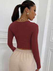 Muchica Surplice Neck Rib-knit Crop Tee - Redwood - View 2