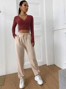 Muchica Surplice Neck Rib-knit Crop Tee - Redwood - View 3