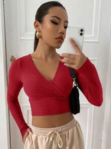 Muchica Surplice Neck Rib-knit Crop Tee - Red - View 1