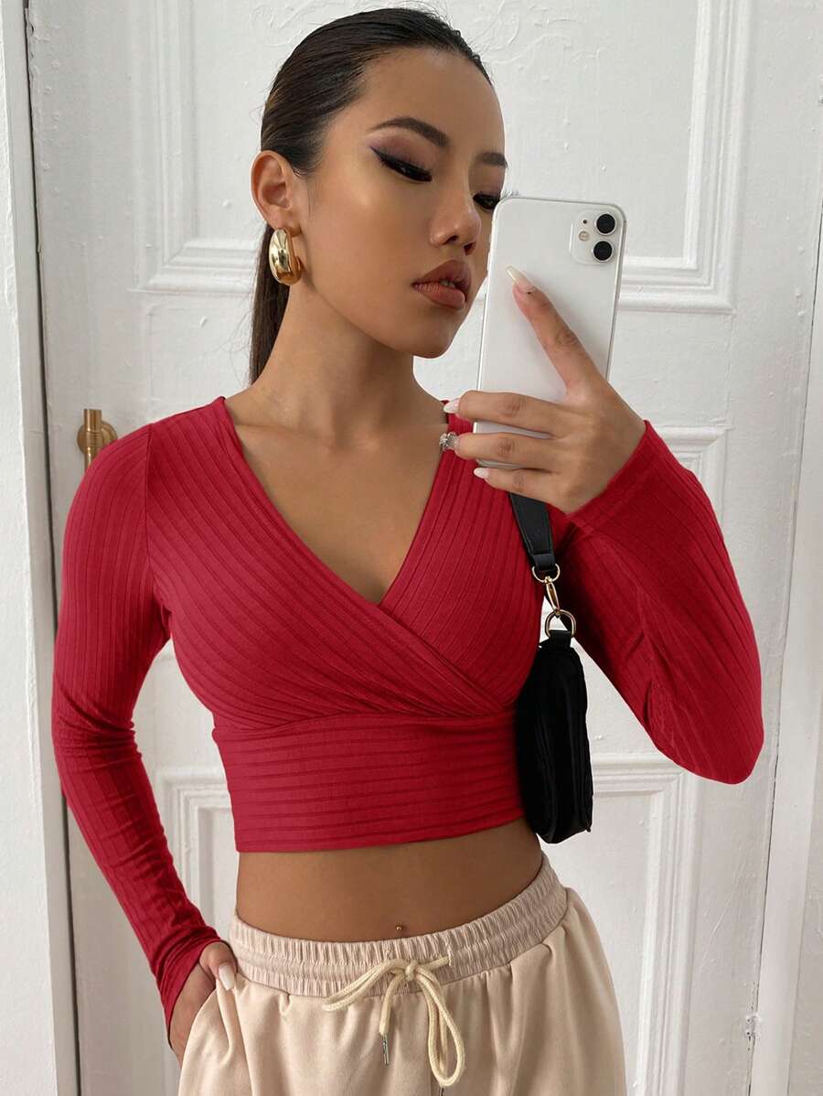 Muchica Surplice Neck Rib-knit Crop Tee - Red - View 1