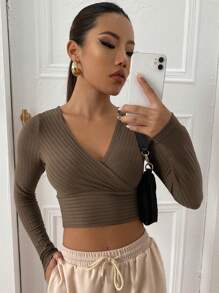SHEIN EZwear Surplice Neck Rib-knit Crop Tee - Mocha Brown - View 1