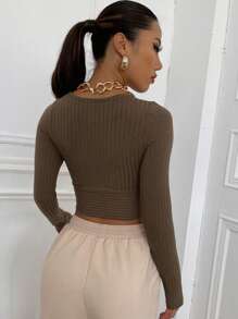 SHEIN EZwear Surplice Neck Rib-knit Crop Tee - Mocha Brown - View 2