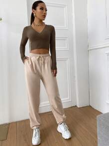 SHEIN EZwear Surplice Neck Rib-knit Crop Tee - Mocha Brown - View 3