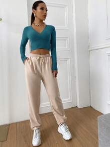 Muchica Surplice Neck Rib-knit Crop Tee - Teal Blue - View 3