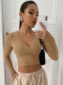 Muchica Surplice Neck Rib-knit Crop Tee - Khaki - View 1