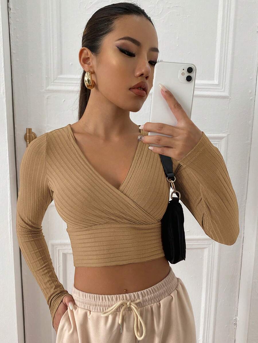 Muchica Surplice Neck Rib-knit Crop Tee - Khaki - View 1