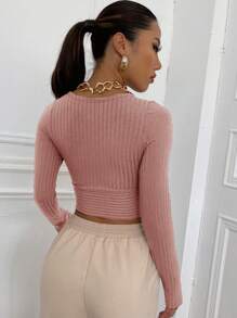 Muchica Surplice Neck Rib-knit Crop Tee - Dusty Pink - View 2