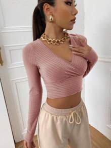 Muchica Surplice Neck Rib-knit Crop Tee - Dusty Pink - View 3